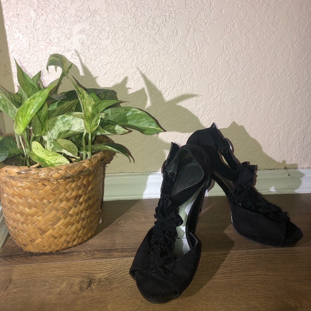 Black Ruffle Suede Stiletto Heels